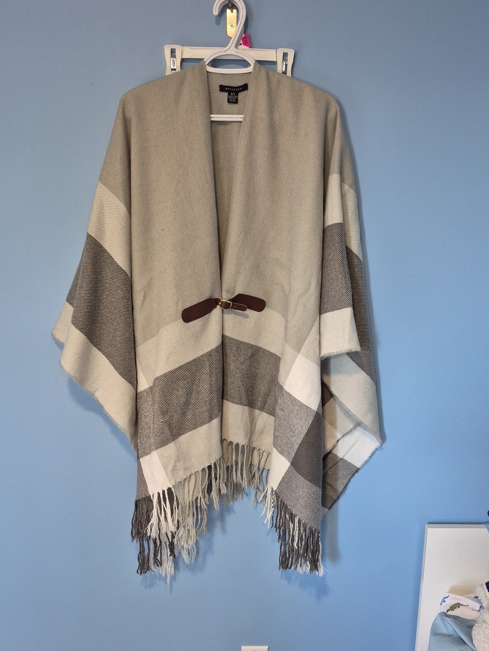Revamped Gray and Cream Fringed Cape with Toggle